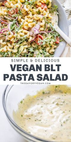 a bowl filled with pasta salad next to a white plate full of vegetables and dressing