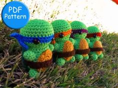 crocheted teenage mutant turtles lined up on the grass with text overlay that reads, free pattern