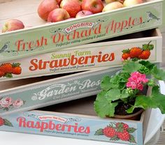 three boxes of fruit are stacked on top of each other with flowers in the middle