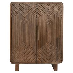 a wooden cabinet with geometric designs on the front and sides, against a white background