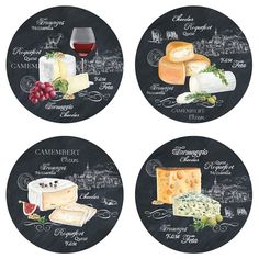 four black plates with cheeses and wine drawn on the front, side by side