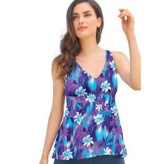 Nwot Swimsuits For All Swim 365 Women's Size 30 Tankini Top Floral V-Neck. Condition Is New Without Tags. Offers Welcome Inventory E Blue Fitted V-neck Tankini, Purple Summer Tankini, Purple V-neck Stretch Swimwear, Purple Fitted Sleeveless Tankini, Fitted Sleeveless Purple Tankini, Jumpsuit Coverup, Maxi Dress Coverup, Blouson Tankini, Bandeau Tankini Top