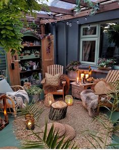 an outdoor area with chairs, tables and candles