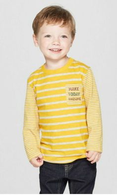 New with tags Make your toddler's day awesome with this Make Today Awesome Long-Sleeve Striped Shirt from Cat & Jack™. Made with a design that's as bright as your little fellow, this long-sleeve white and yellow striped shirt is perfect to layer under vests, or for wearing on it own when the weather gets chilly. It features the phrase “Make Today Awesome” on the chest pocket for a pop of cute style and inspiration. Pair this toddlers’ long-sleeve striped shirt with any bottoms for a look that’s Fun Long Sleeve T-shirt For Playtime, Yellow Letter Print Tops For Playtime, Fun Long Sleeve Cotton Shirt, Long Sleeve Tops With Graphic Print For Birthday, Cute Long Sleeve Birthday Shirt, Fun Long Sleeve Tops For Birthday, Playful Yellow Long Sleeve Top, Yellow Striped Shirt, Grey Striped Shirt