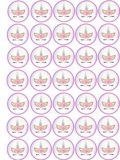 a sticker sheet with pink masks and unicorns on it, all in different colors