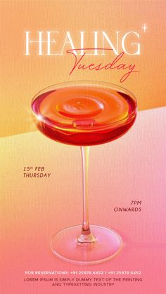 a flyer for a wine tasting event with a martini glass in the foreground and an orange background