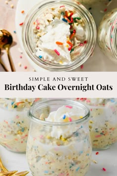 birthday cake overnight oats in jars with sprinkles