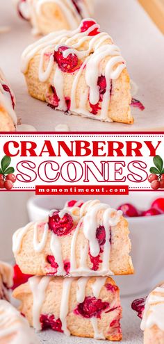 These delicious Cranberry Scones are tender, moist and bursting with juicy cranberries! The tart cranberries are complemented by the lightly sweetened scone and can be enjoyed for breakfast or served as a dessert – so good! The simple glaze adds a touch of sweetness and is totally optional! Christmas Brunch Menu Ideas, Pastries Recipes Dessert, Mom On Timeout, Cranberry Scones, Scones Recipe Easy, Homemade Scones, Coffee Cakes, Cranberry Recipes, Delish Recipes