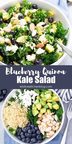 blueberry quinoa kale salad with avocado and blueberries in a white bowl