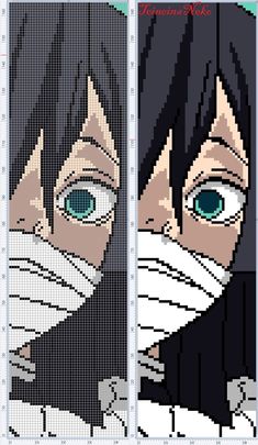 the cross stitch pattern for an anime character with blue eyes and black hair, wearing a mask