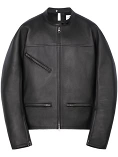 black calf leather grained texture stand-up collar long sleeves cuff zips zip-fastening chest pocket front zip fastening pockets cut-out detailing to the rear straight hem Nike Tenis, City Shorts, Tom Dixon, Elegance Style, Man Up, Balenciaga Triple S, Leather Jacket Black, Summer Beach Wear, Derby Shoes