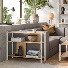 a living room with a couch, coffee table and bookshelf