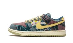 The Nike Dunk Low “Community Garden” is inspired by community gardens in cities and apartment complexes across the world.  Building togetherness, community gardens are often a form of escapism for city residents in the middle of bustling metropolises.  This “Community Garden” colorway blends various patterns you may find on a pair of garden gloves or apron.  A soft yellow hue that Nike calls “Lemon Wash” forms the canvas Swoosh on either side, as well as the laces and heel tab with red “Nike” em Nike Dunk Low Community Garden, Nike Dunk Low Sp, Community Gardens, Garden Gloves, World Building, Garden Shoes, Community Garden, Shoe Inspo, Red Nike