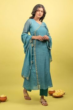 Teal blue angrakha with zardozi, sequin embroidery in floral pattern on border. Paired with pant, inner and scallop bordered dupatta. - Aza Fashions Kurta And Dupatta, Women Kurta, Sequin Embroidery, Sequins Embroidery, Silk Embroidery, Floral Border, Set Women, Aza Fashion, Teal Blue