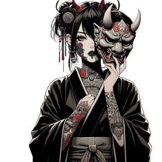 tattooed girl, oni mask, Japanese folklore, black kimono, traditional tattoos, mysterious, cultural fusion, demon mask, warrior, ink art, gothic, dark beauty, mythology, samurai, Japanese art, fantasy Gothic Japanese, Japanese Mask Art, Demon Samurai, Japanese Demon Drawing, Kabuki Mask Tattoo, Oni Samurai Art, Oni Mask Woman, Woman With Oni Mask Tattoo, Female Oni