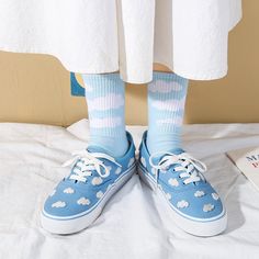 Material: Canvas Please do carefully mind the sizing chart! Custom Low-top Sneakers With Contrast Sole In Light Blue, Sky Blue Sneakers, Blue Cloud Converse, Clouds Sweater, Cloud Sneakers, Sky Shoes, Cloud Socks, Blue Clouds, Striped Socks