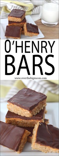 chocolate covered o'henry bars are stacked on top of each other with the words o'henry bars above them