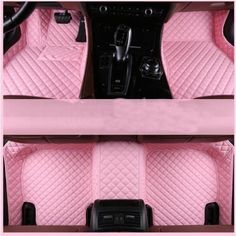 pink car floor mats with black trims and steering wheel controls in the center area