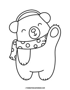 a black and white drawing of a bear wearing a scarf