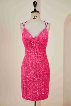 Fancyvestido this short hot pink tight homecoming dress features double straps, a fitted sequin bodice, and a zipper back. ♡ SKU: FV12144♡ Fabric: Sequin♡ Size: US 2-16. True to the size chart. Check our Size Chart to get your correct size.♡ Besides stand sizes 2-16, we still offer free custom sizes. You can email me your specific size, before or after your order.Which requires the following measurements:Bust:___ inch/cmWaist:___ inch/cmHips:___ inch/cmHollow to Hem___inch/cm (for the short dres Tight Homecoming Dress, Bodycon Dress Homecoming, Different Dresses, Pink Sequin, Homecoming Dress, Evening Dresses Prom, Simple Dresses, Homecoming Dresses, Homecoming