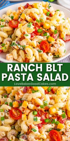 this ranch blt pasta salad is loaded with fresh tomatoes, corn and green onions