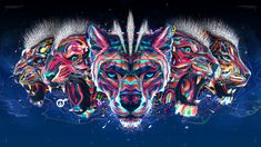 three colorful wolfs with their heads turned to the same direction, on a dark blue background