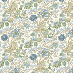 a wallpaper with blue and green flowers on it