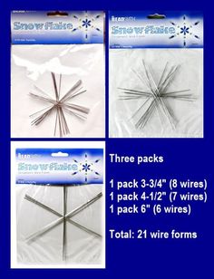 three packs of snowflakes are shown in four different sizes and colors with instructions