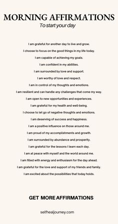 a poem written in black and white with the words morning affirmations on it