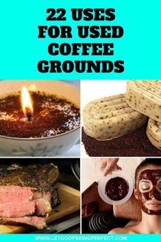 some food that is on top of a plate and in front of a blue background with the words 22 uses for used coffee grounds