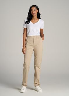 About Our High Rise Tapered Chino Pants for Tall Women Say hello to the perfect chino pants for tall women. It’s hard to find any clothes when you have extra-long legs, especially wardrobe staples. That’s why we’ve created these chinos intentionally for ladies from 5’9 to 6’6. With multiple inseams to choose from, you can finally get the length that’s right for you, without all of the extra fabric you normally find in a long pant. These tall women’s pants are a true foundation piece with their p Spring Workwear Chinos Full Length, Spring Workwear Full-length Chinos, Casual Mid-rise Workwear Chinos, Casual Mid-rise Chinos For Work, Casual Fitted Full-length Work Pants, Casual Fitted Full-length Chinos, Fitted Full-length Casual Work Pants, Everyday Cotton Chinos, Fitted Full Length Casual Work Pants