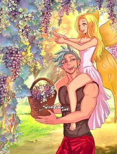 an image of a man holding a woman in his arms with grapes on the tree behind him