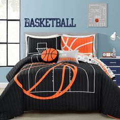 a basketball themed bed in a bedroom