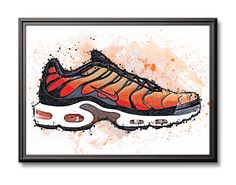 an orange and black nike sneaker on a wooden floor with watercolor splashs