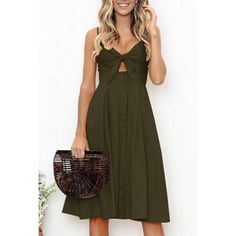 New | Cotton, Army Green Dress. Vneck And Spaghetti Strap Style With A-Line Silouhette. Elastic Back With A Front Tie. Super Sexy Peep Hole On Front. Chic Cami Sundress For Day Out, Casual Spring Midi Cami Dress, Casual Cami Midi Dress For Summer, Casual Green Cami Sundress, Elegant Dresses Classy Vintage, Retro Buttons, Loose Mini Dress, Army Green Dress, Backless Midi Dress