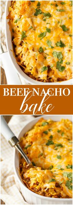 two images showing how to make beef enchilada bake with cheese and cilantro