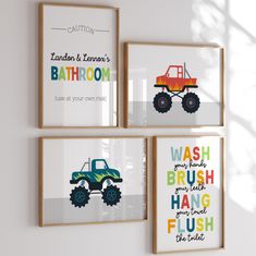 three children's wall art prints with trucks and words on them, hanging on the wall