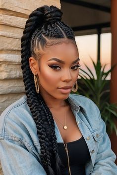 60 Ponytail Hairstyles for Black Women in 2024 Cornrow With Box Braids, Stitch Cornrows, Goddess Cornrows, Goddess Braid Ponytail, Braids With Bangs, Goddess Braid, Ponytails Braids, Braids Goddess, Cornrow Ponytail