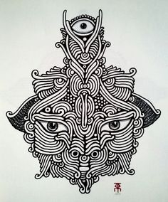 a drawing of an alien with eyes and lines on it's face, in black and white