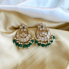 Green Tayani Premium gold plated Beads Chandbali Earrings. Gold Chandbali Earrings With Cutdana, Gold Chandbali Bridal Earrings With Dangling Beads, Festive Bollywood Style Earrings With Round Beads, Bollywood Style Round Bead Earrings For Festive Occasions, Festive Gold Earrings With Gold Beads, Festive Earrings With Gold Beads, Kundan Chandbali Earrings With Dangling Beads, Festival Chandbali Earrings With Dangling Beads, Traditional Gold Chandbalis With Dangling Beads