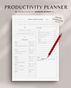 a paper with a pen on top of it and the words, productivity planner