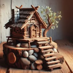 a small tree stump house on top of a wooden table with rocks and logs around it