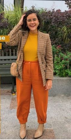 Fall Fashion 2023 Colorful, Orange Professional Outfits, Burn Orange Pants Outfit, Professional Funky Outfits, Professional Quirky Outfits, Professional Outfits Gen Z, Pop Of Color Work Outfits, Casual Work Outfits Colorful, Fun Buissnes Casual Outfits Woman