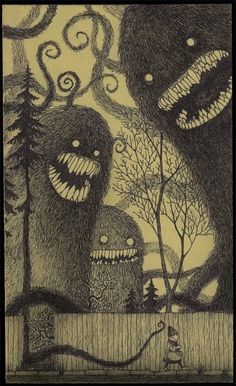 an image of two monsters in the woods with their mouths open and eyes wide open