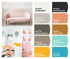 the color scheme for this living room is pink, yellow and blue