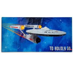 a painting of a star trek ship with the words to boldly go on it