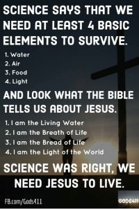 a cross with the words science says that we need at least 4 basic elements to survive