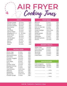 the printable air fryer cooking times list