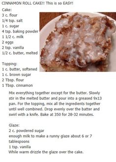 a recipe for cinnamon roll cake on a plate