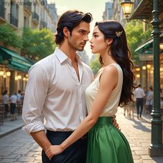 a man and woman standing next to each other on a street